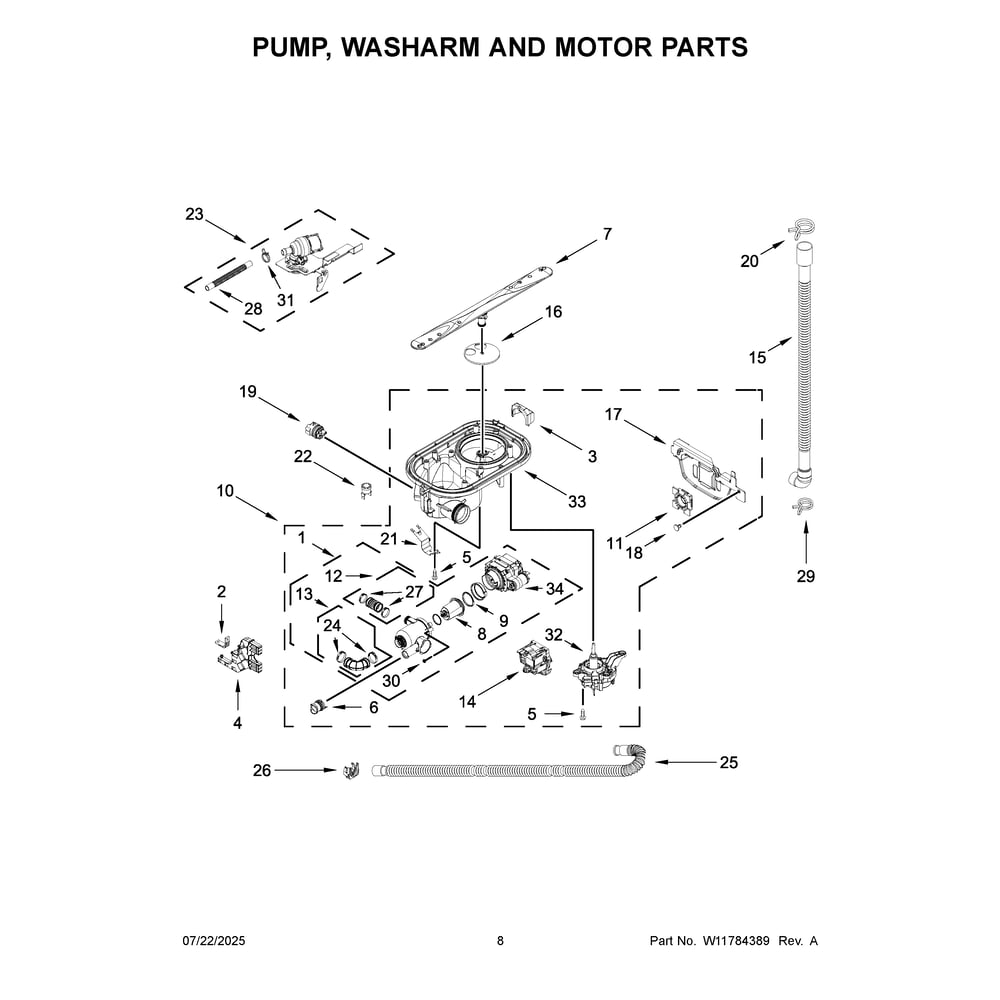 Pump, Washarm And Motor Parts Diagram and Parts List for KDTS724SJP0  KitchenAid Dishwasher