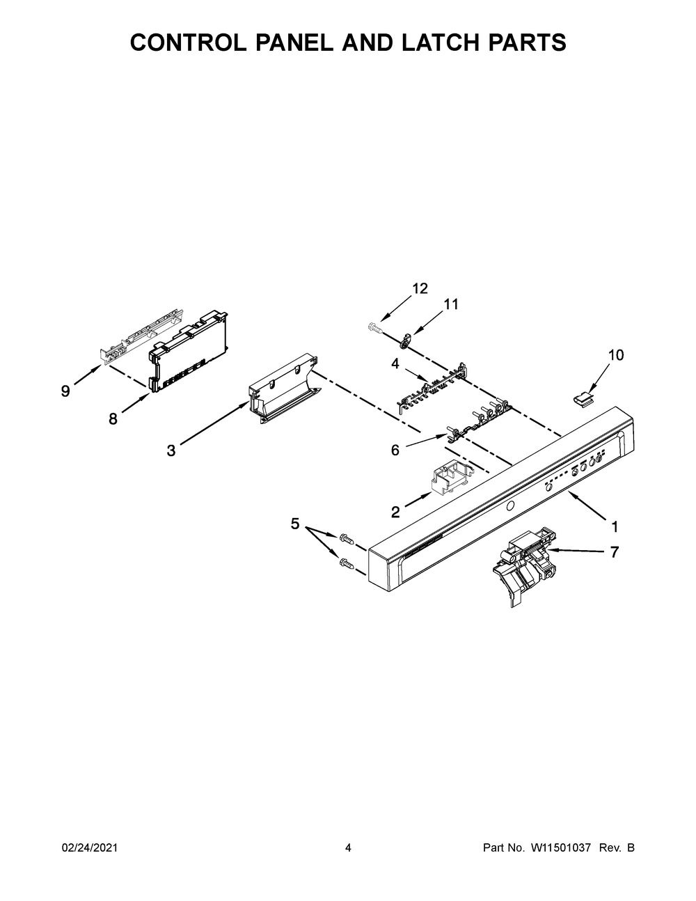 Control Panel And Latch Parts Diagram and Parts List for WDF520PADB8  Whirlpool Dishwasher