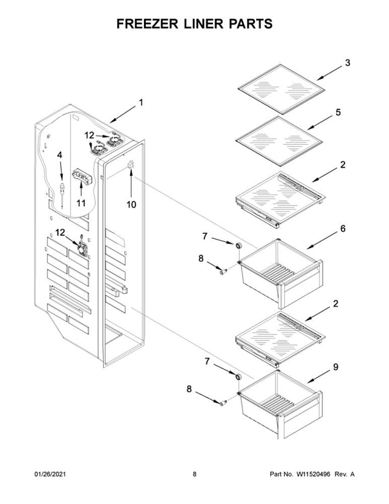 Freezer Liner Parts Diagram and Parts List for WRS973CIHV01  Whirlpool Refrigerator
