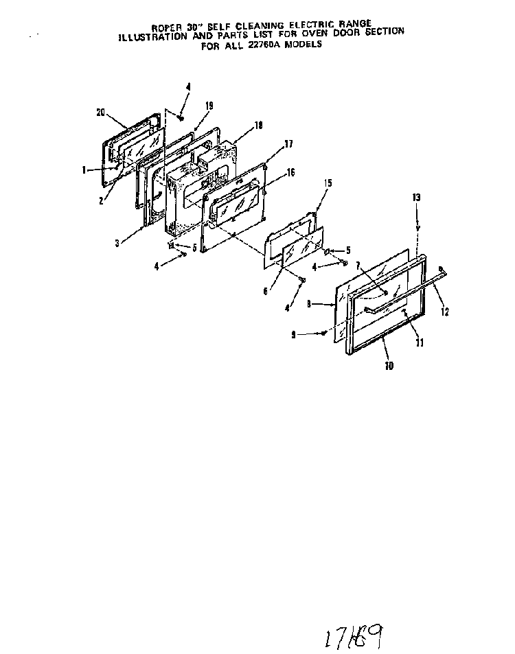 Oven Door Diagram and Parts List for 2276*0A  Roper Range