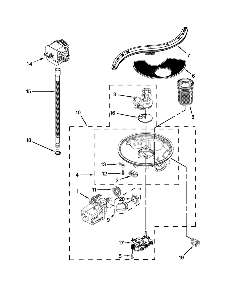 Pump, Washarm And Motor Parts Diagram and Parts List for KUDE48FXSP6  KitchenAid Dishwasher