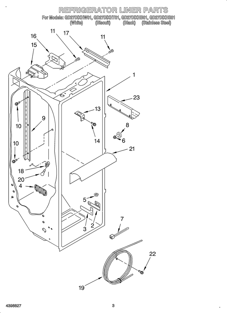 Refrigerator Liner Diagram and Parts List for OEM3-GD27DIXHB01  Whirlpool Refrigerator