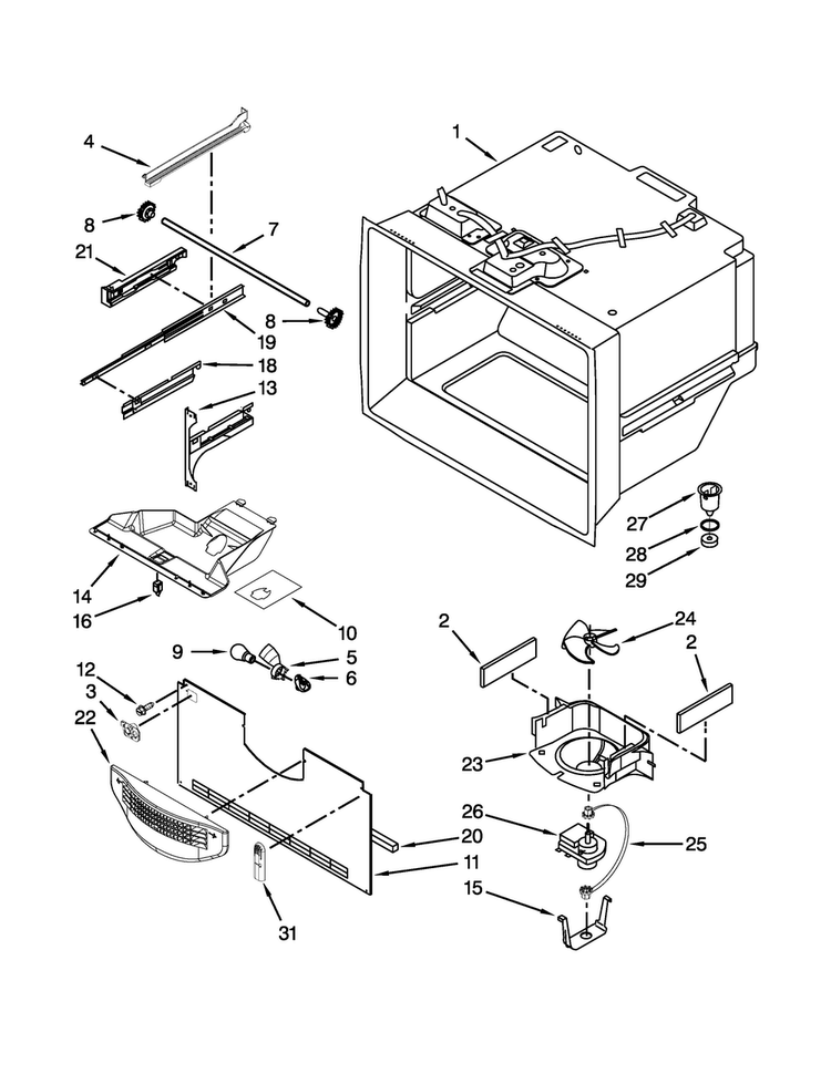 Freezer Liner Parts Diagram and Parts List for 5GBB22PRAW00  Whirlpool Refrigerator