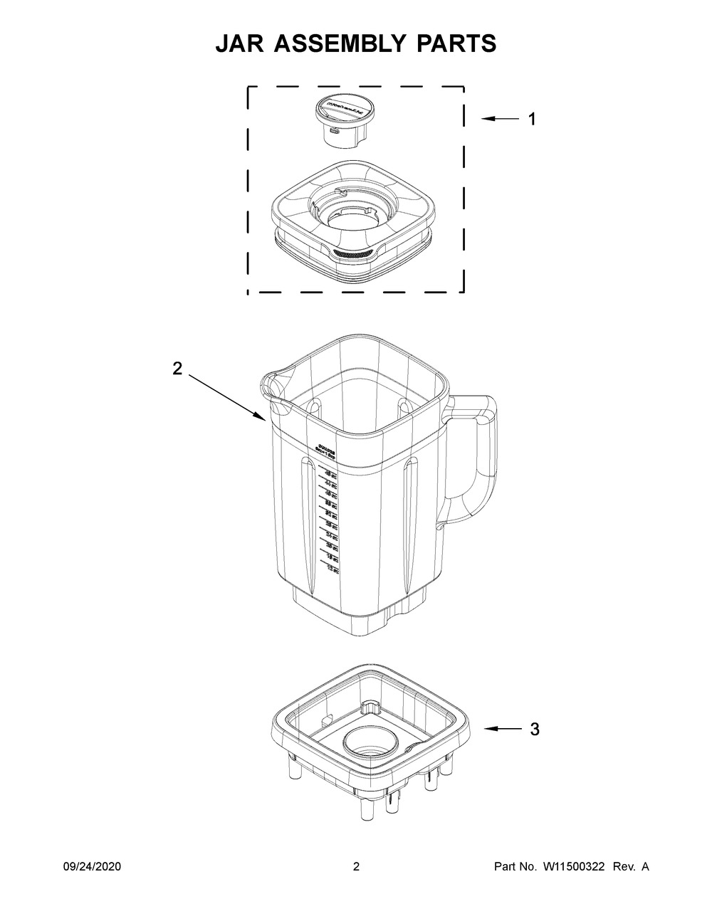 Jar Assembly Parts Diagram and Parts List for 5KSB1325GOB0  Whirlpool Blender