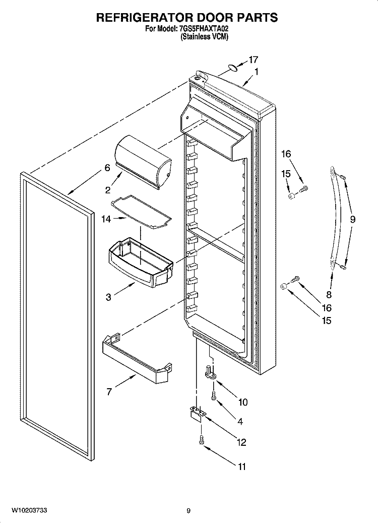 REFRIGERATOR DOOR PARTS Diagram and Parts List for 7GS5FHAXTA02  Whirlpool Refrigerator