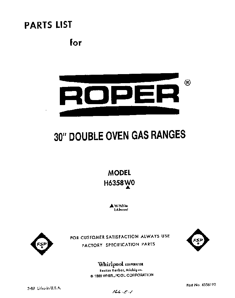 Front Cover Diagram and Parts List for H6358*0  Roper Range