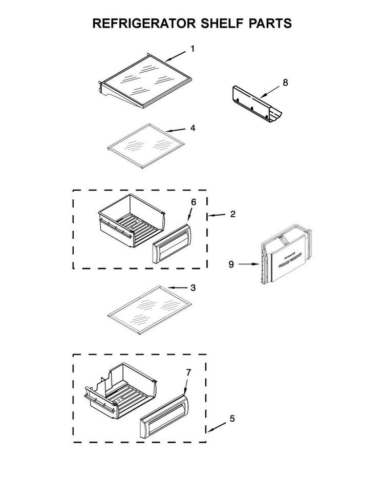 Refrigerator Shelf Parts Diagram and Parts List for KBSD612ESS01  KitchenAid Refrigerator