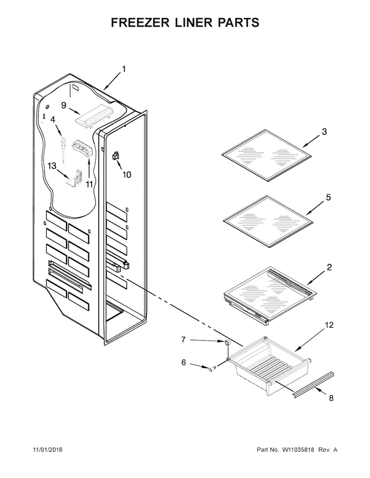 Freezer Liner Parts Diagram and Parts List for 10651135610  Kenmore Refrigerator