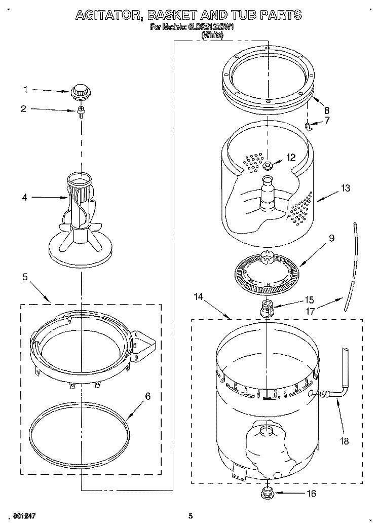 AGITATOR, BASKET AND TUB Diagram and Parts List for 6LBR5132BW1  Whirlpool Washer