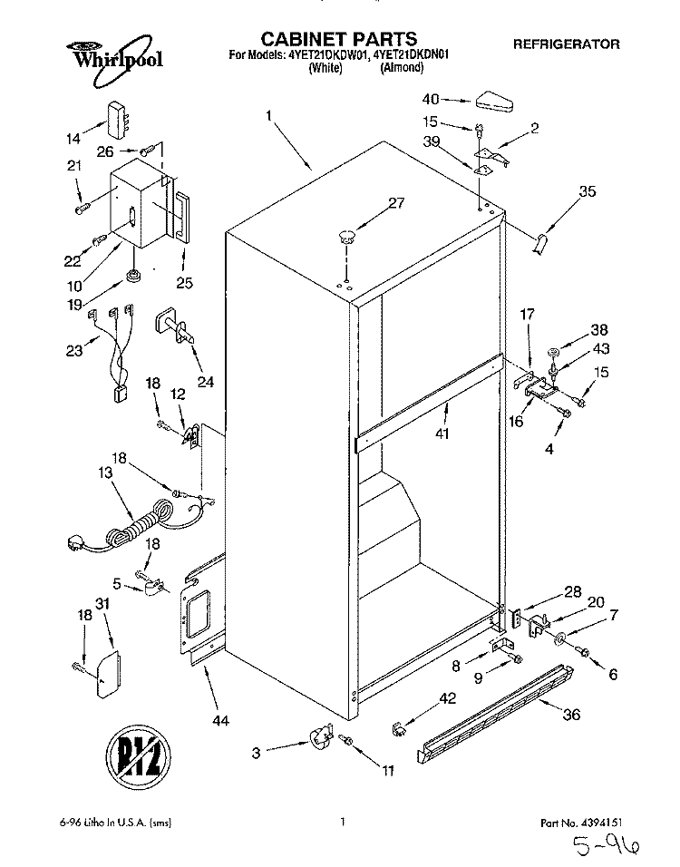 CABINET Diagram and Parts List for 4YET21DKDN01  Whirlpool Refrigerator