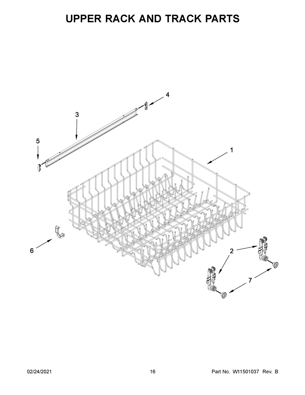 Upper Rack And Track Parts Diagram and Parts List for WDF520PADB8  Whirlpool Dishwasher