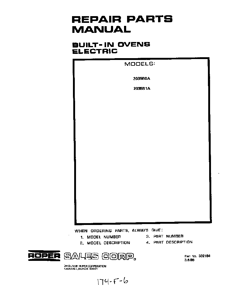 Cover Page Diagram and Parts List for 2035B1A  Roper Range