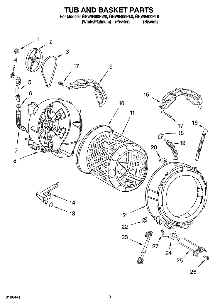 TUB AND BASKET PARTS Diagram and Parts List for GHW9400PW0  Whirlpool Washer
