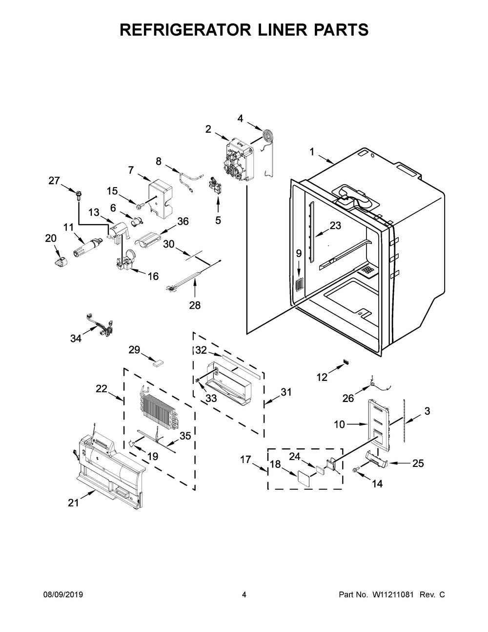 Refrigerator Liner Parts Diagram and Parts List for KRFC704FPS01  Whirlpool Refrigerator