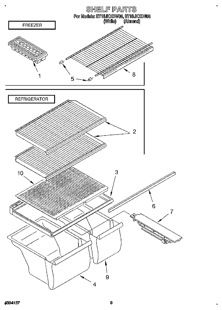 SHELF, LIT/OPTIONAL Diagram and Parts List for ET18JKXDW05  Whirlpool Refrigerator