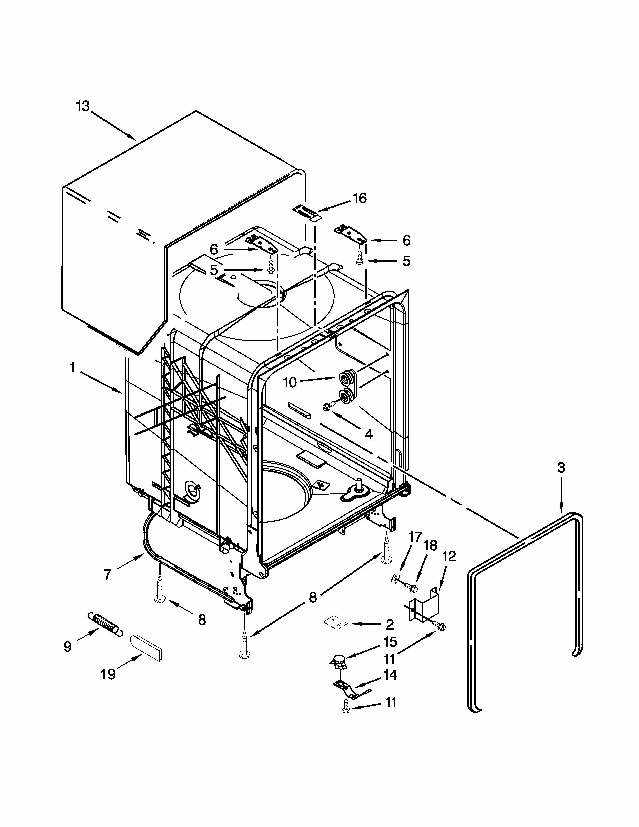 Tub And Frame Parts Diagram and Parts List for 66513272K117  Kenmore Dishwasher
