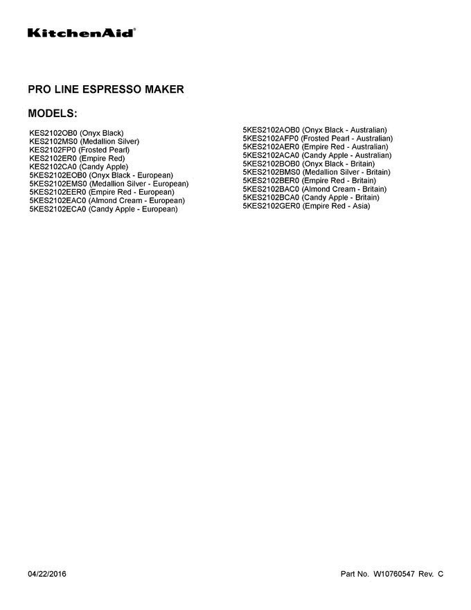 01 - Cover Sheet Diagram and Parts List for KES2102MS0  KitchenAid Coffee Maker