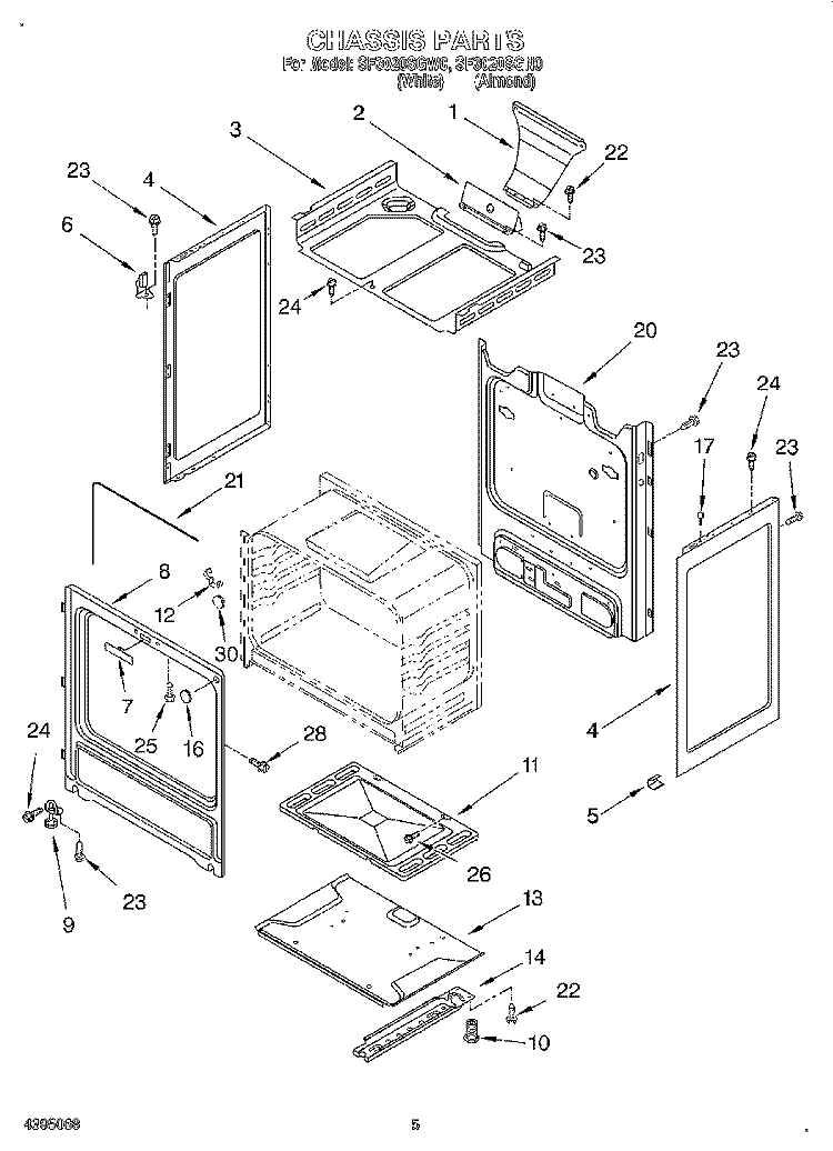 CHASSIS Diagram and Parts List for SF3020SGW0  Whirlpool Range