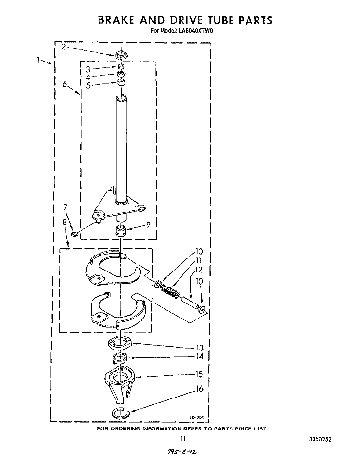 BRAKE AND DRIVE TUBE Diagram and Parts List for LA6040XTW0  Whirlpool Washer
