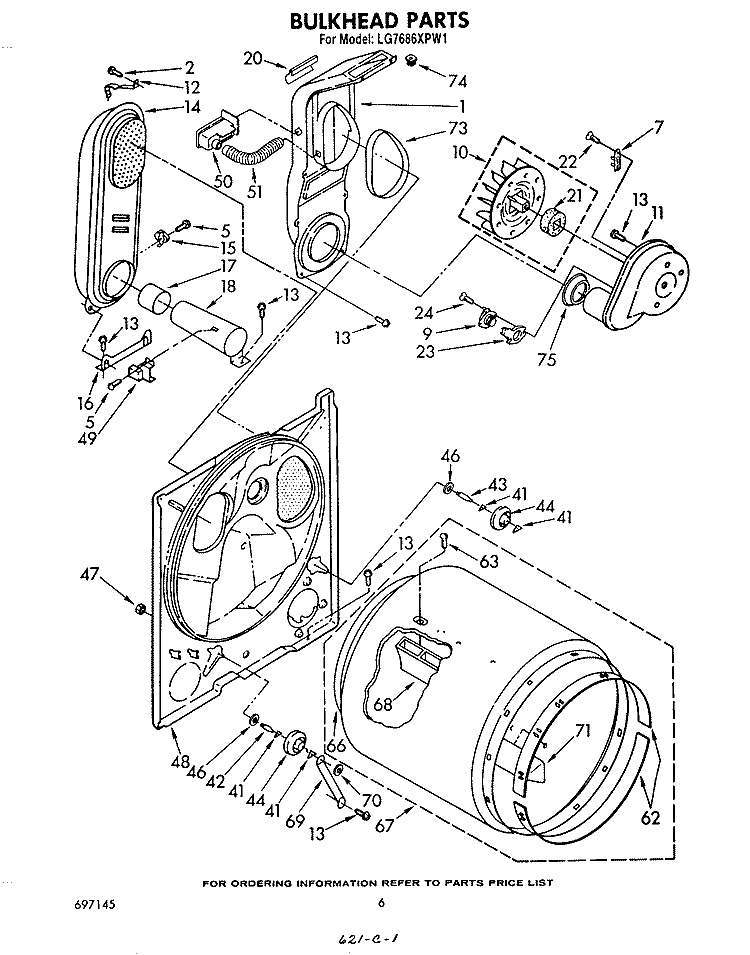 BULKHEAD Diagram and Parts List for LG7686XPW1  Whirlpool Dryer
