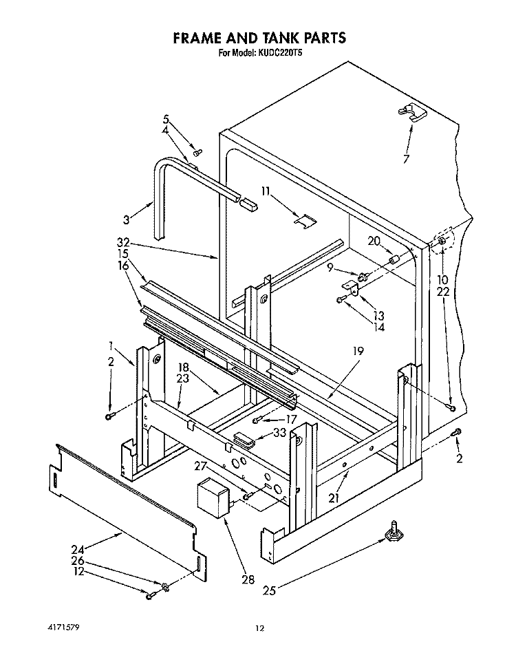 FRAME AND TANK Diagram and Parts List for KUDC220T5  KitchenAid Dishwasher