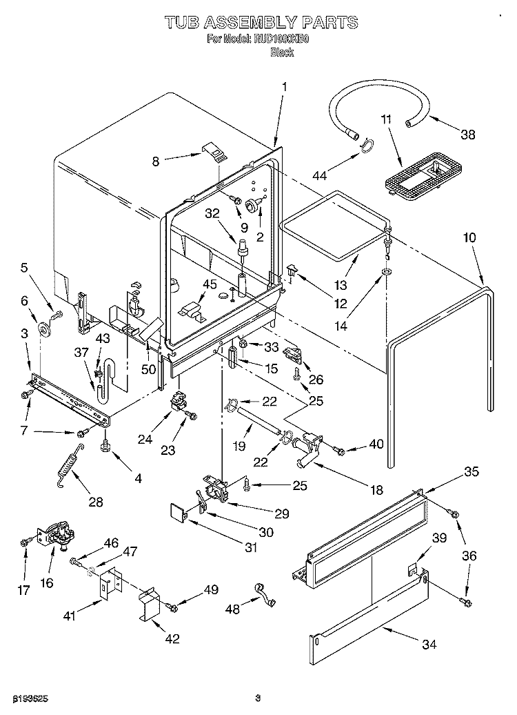 TUB ASSEMBLY Diagram and Parts List for RUD1000KB0  Roper Dishwasher