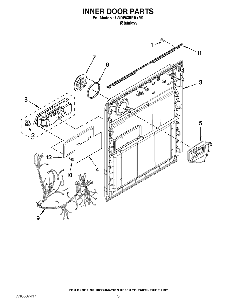 INNER DOOR PARTS Diagram and Parts List for 7WDF530PAYM3  Whirlpool Dishwasher