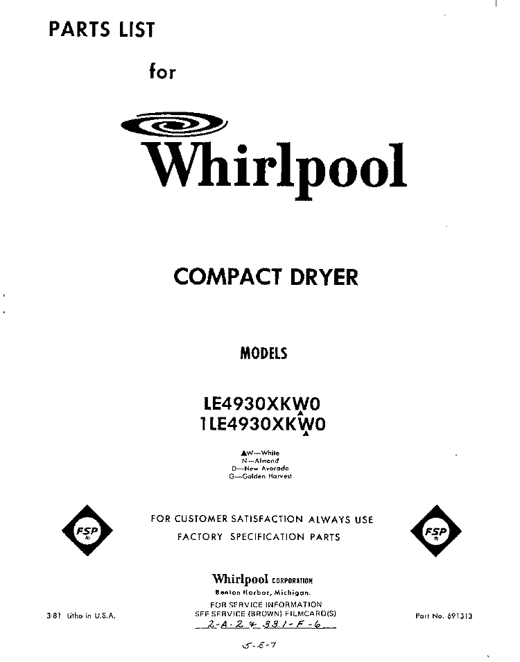 SECTION Diagram and Parts List for 1LE4930XKW0  Whirlpool Dryer