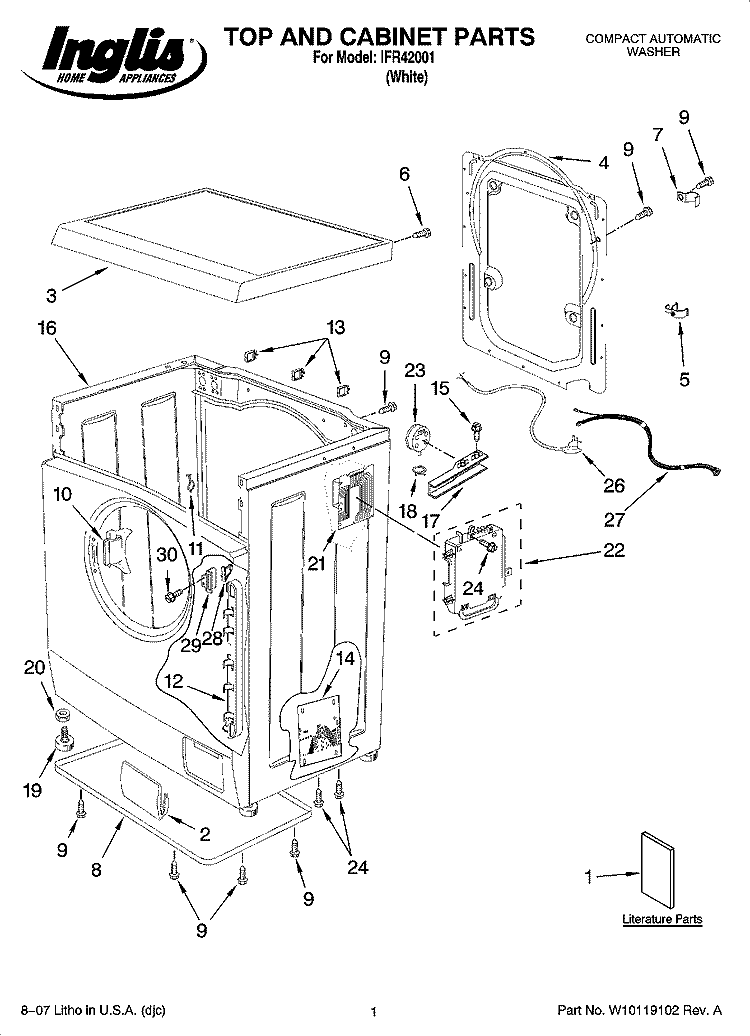 TOP AND CABINET PARTS Diagram and Parts List for IFR42001  Inglis Washer