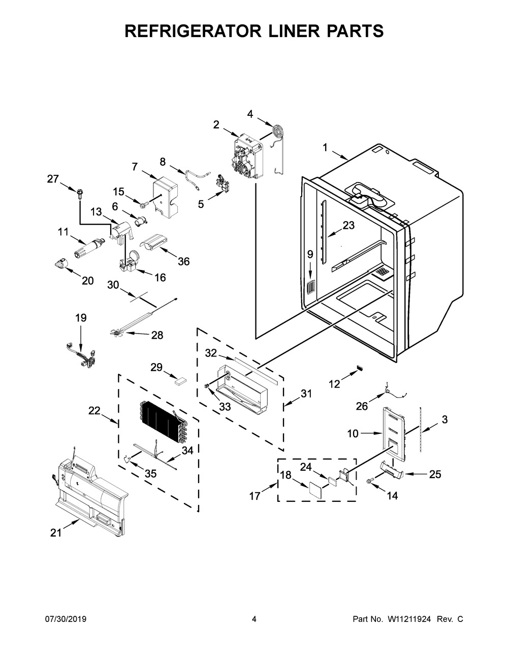 Refrigerator Liner Parts Diagram and Parts List for KRFC604FSS01  Whirlpool Refrigerator