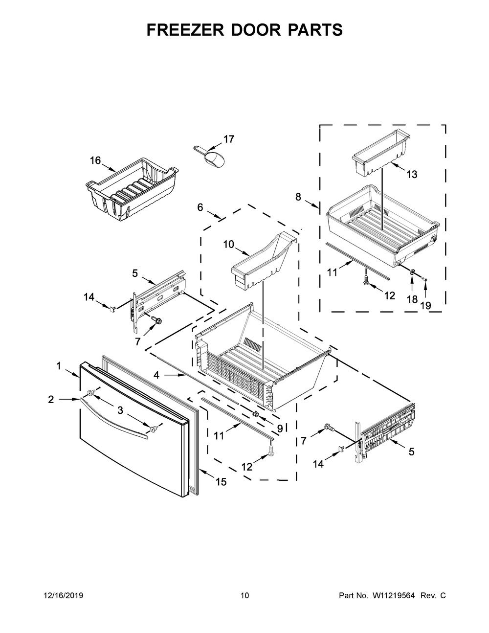 Freezer Door Parts Diagram and Parts List for WRF767SDHV00  Whirlpool Refrigerator