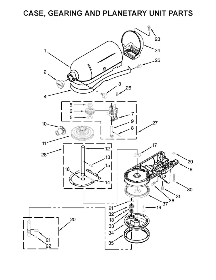 Case, Gearing And Planetary Unit Parts Diagram and Parts List for KSM95PER0  KitchenAid Mixer