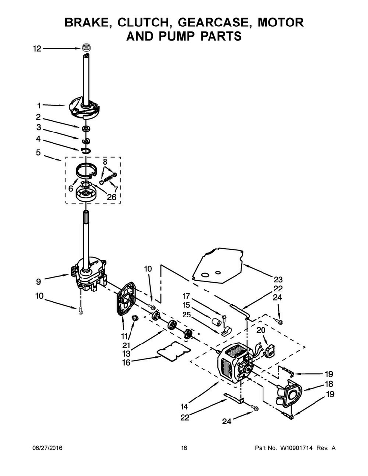 Brake, Clutch, Gearcase, Motor And Pump Parts Diagram and Parts List for 7MWET3300EQ1  Whirlpool Washer Dryer Combo