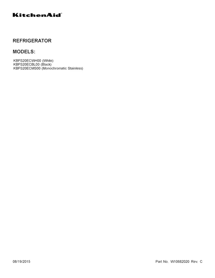 Cover Sheet Diagram and Parts List for KBFS20ECBL00  KitchenAid Refrigerator