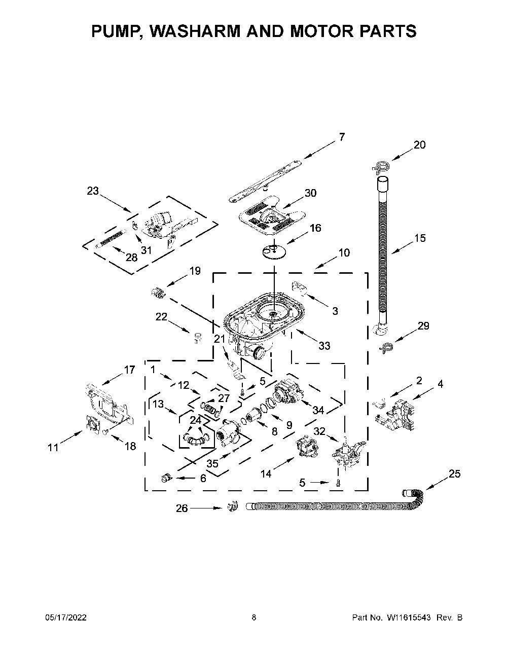 Pump, Washarm And Motor Parts Diagram and Parts List for KDTM404KPS1  KitchenAid Dishwasher