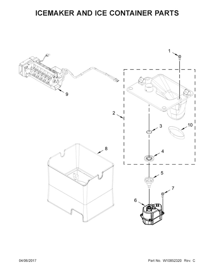 Icemaker And Ice Container Parts Diagram and Parts List for WRF736SDAB14  Whirlpool Refrigerator
