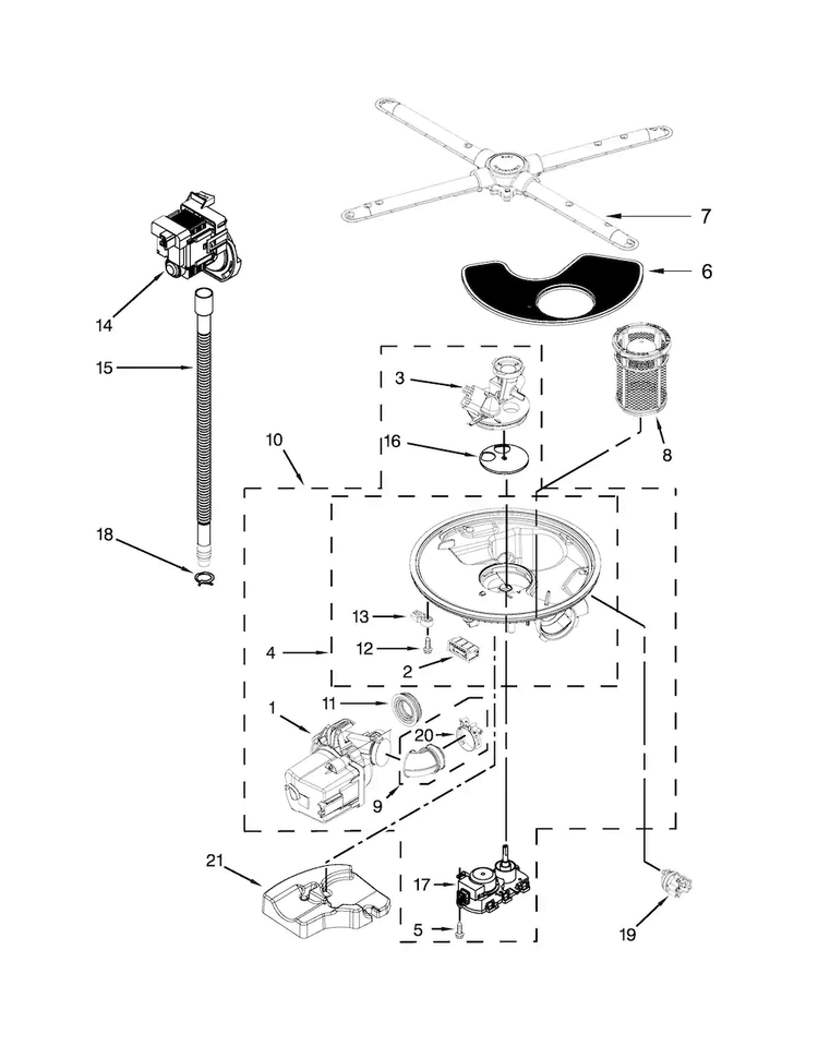 Pump, Washarm And Motor Parts Diagram and Parts List for KDFE104DBL0  KitchenAid Dishwasher