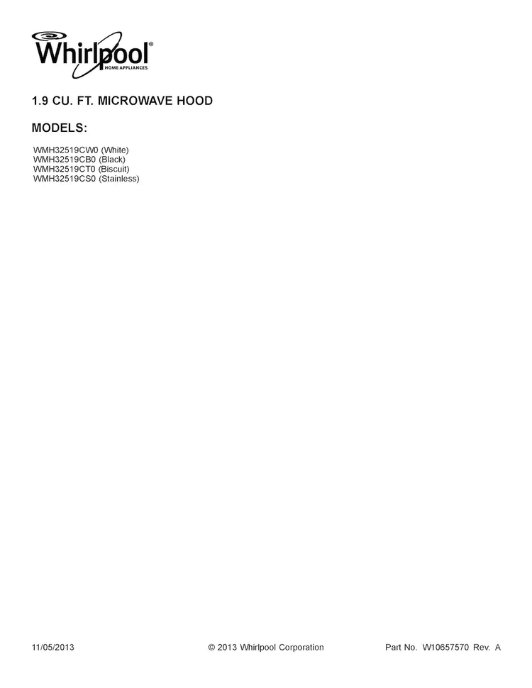 Cover Sheet Diagram and Parts List for WMH32519CB0  Whirlpool Microwave