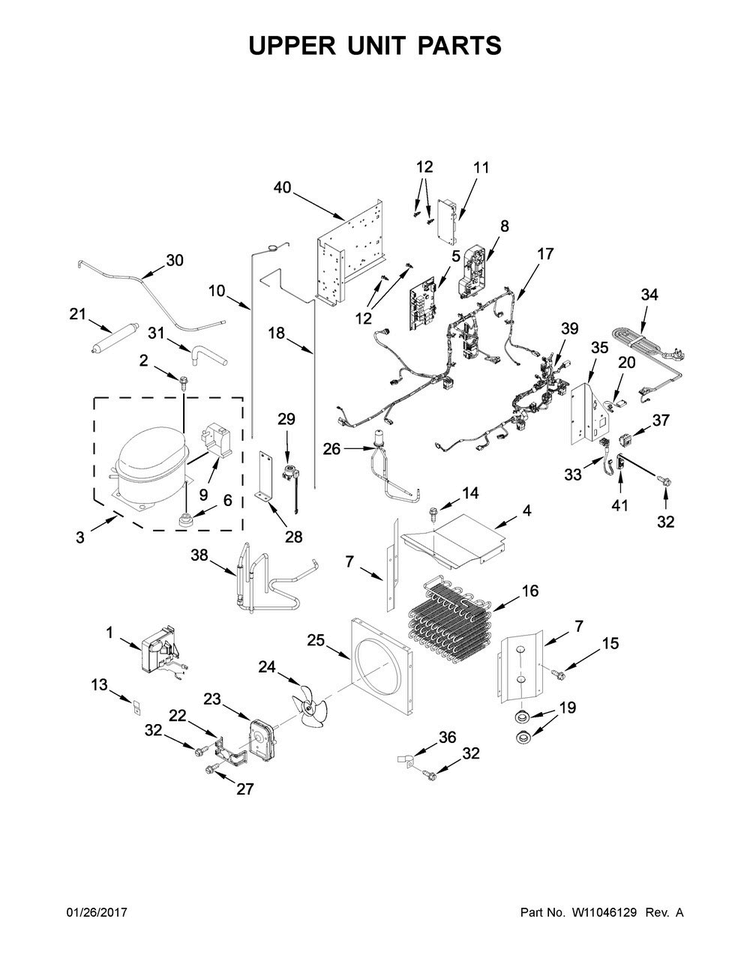 Upper Unit Parts Diagram and Parts List for KBFN406ESS01  KitchenAid Refrigerator