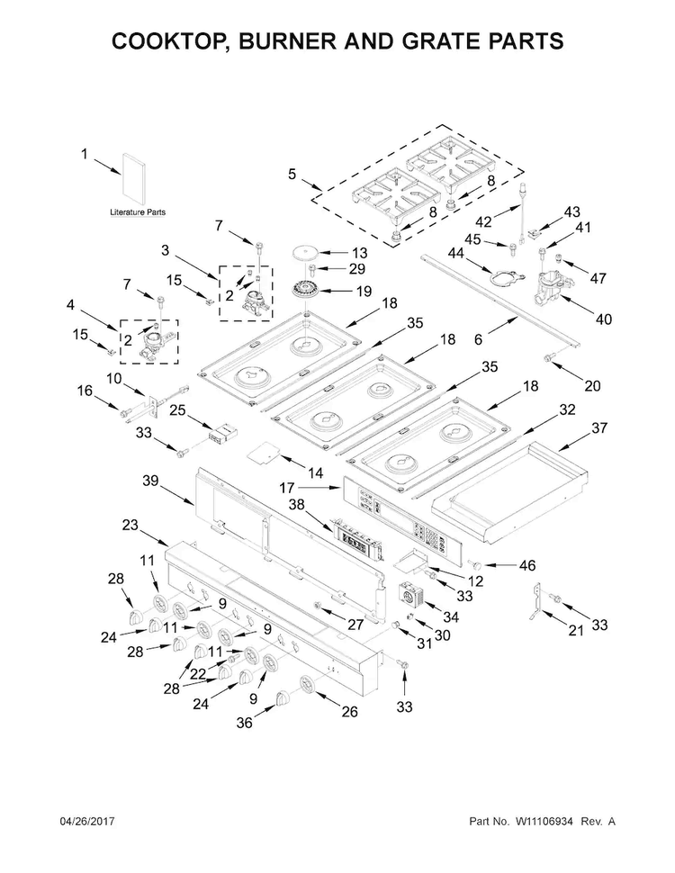 Cooktop, Burner And Grate Parts Diagram and Parts List for KDRS483VSS04  KitchenAid Range