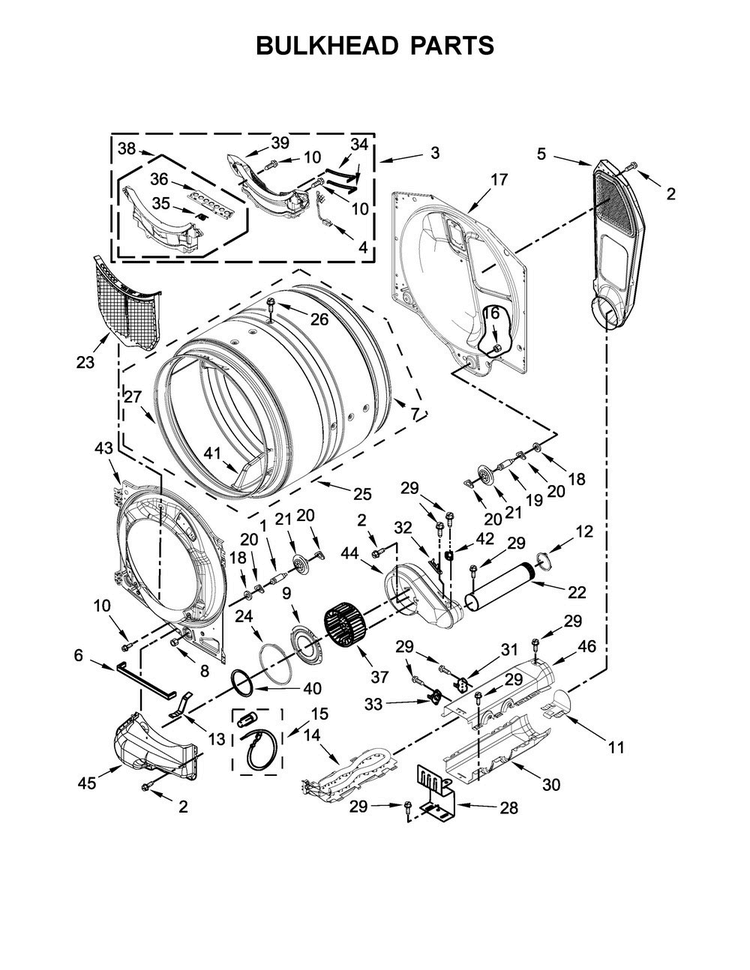 Bulkhead Parts Diagram and Parts List for WED7590FW0  Whirlpool Dryer