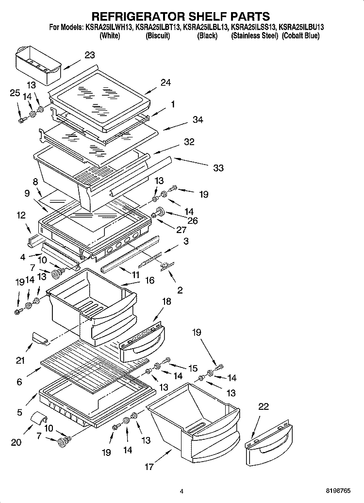 REFRIGERATOR SHELF PARTS Diagram and Parts List for KSRA25ILBU13  KitchenAid Refrigerator