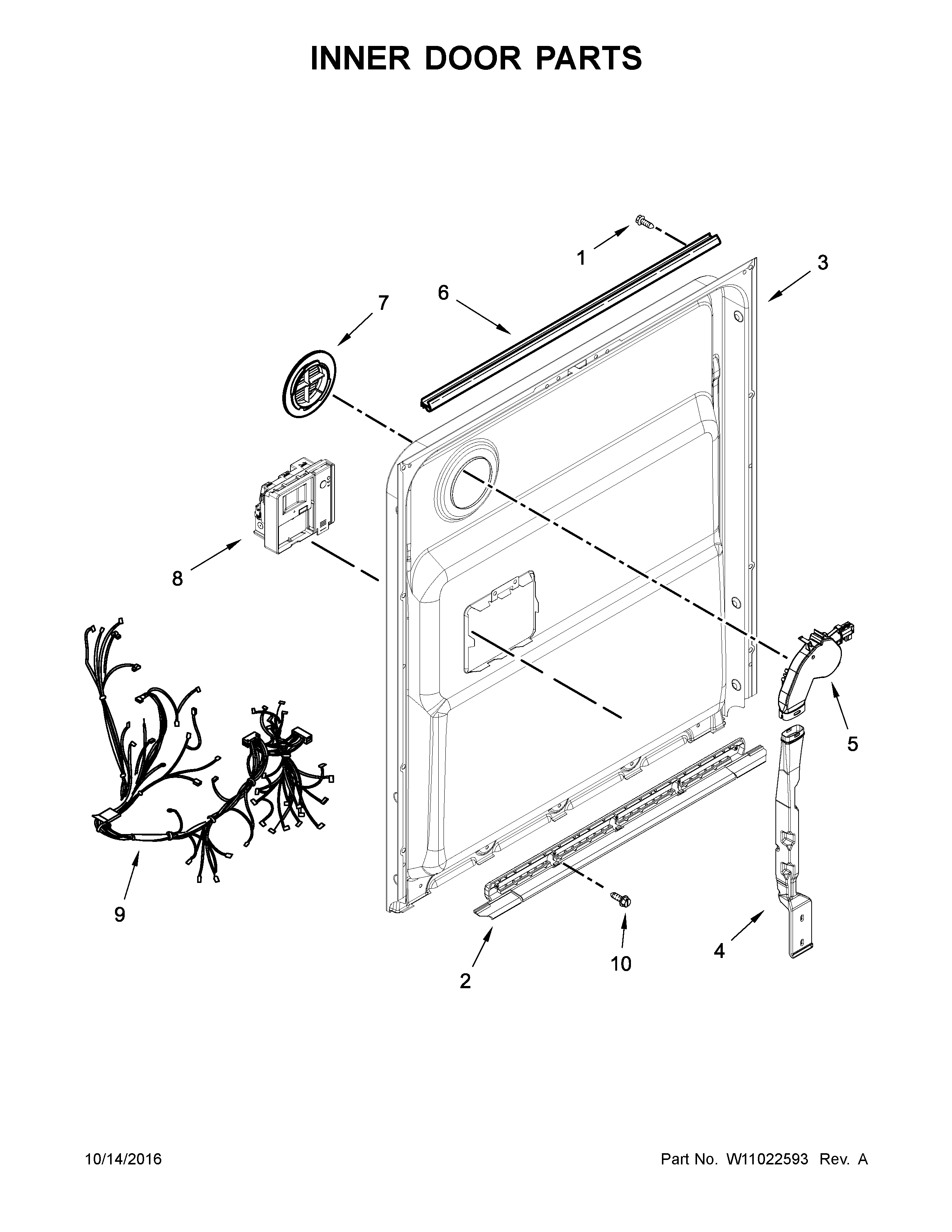 Inner Door Parts Diagram and Parts List for 66513403N413  Kenmore Dishwasher