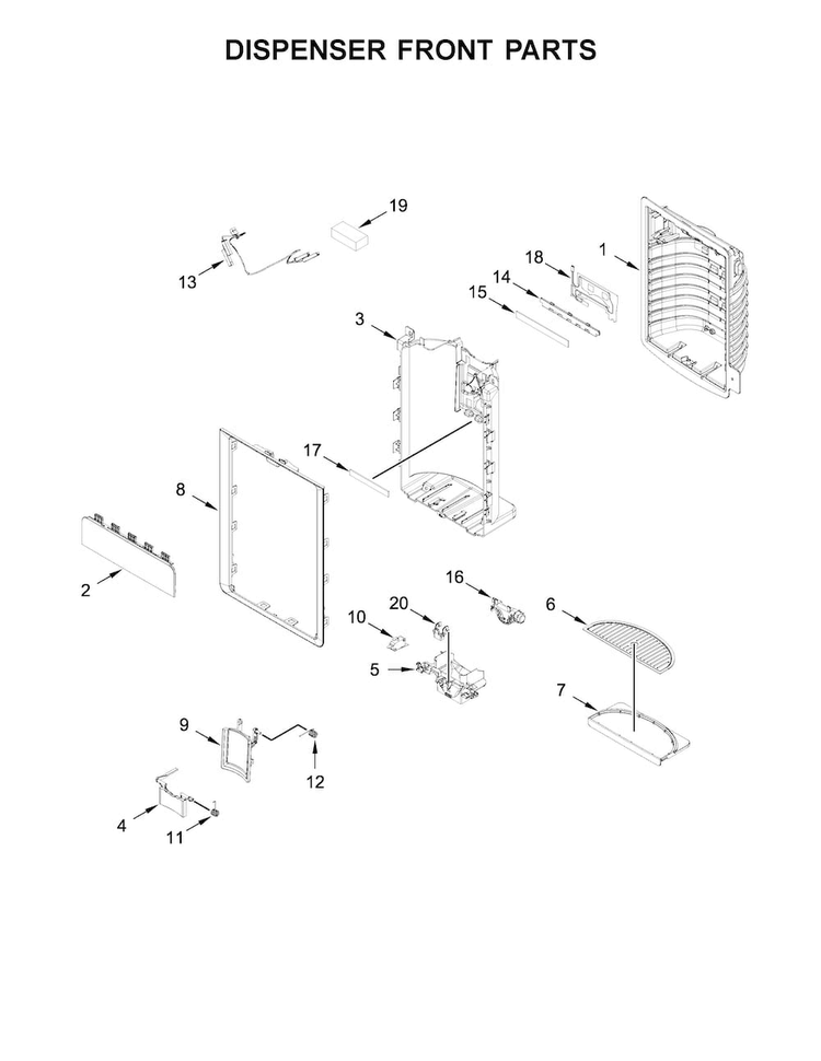 Dispenser Front Parts Diagram and Parts List for KRFC704FPS00  KitchenAid Refrigerator