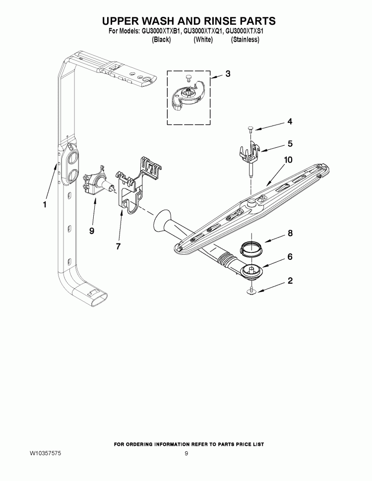 UPPER WASH AND RINSE PARTS Diagram and Parts List for GU3000XTXS1  Whirlpool Dishwasher