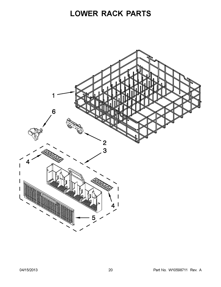 LOWER RACK PARTS Diagram and Parts List for WDT710PAYB4  Whirlpool Dishwasher