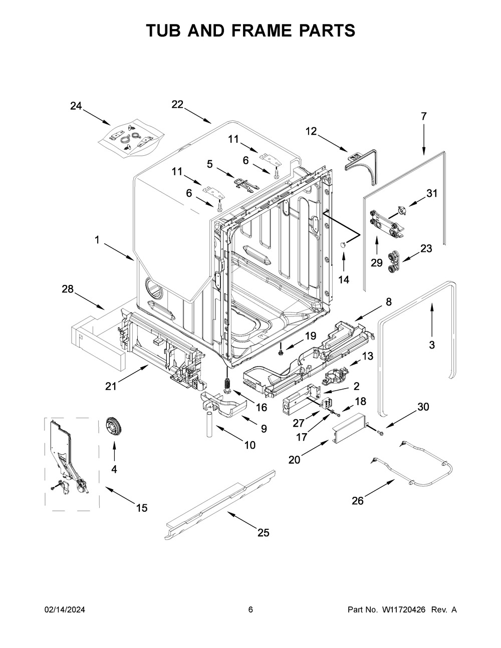 Tub And Frame Parts Diagram and Parts List for KDTE204KPS3  KitchenAid Dishwasher