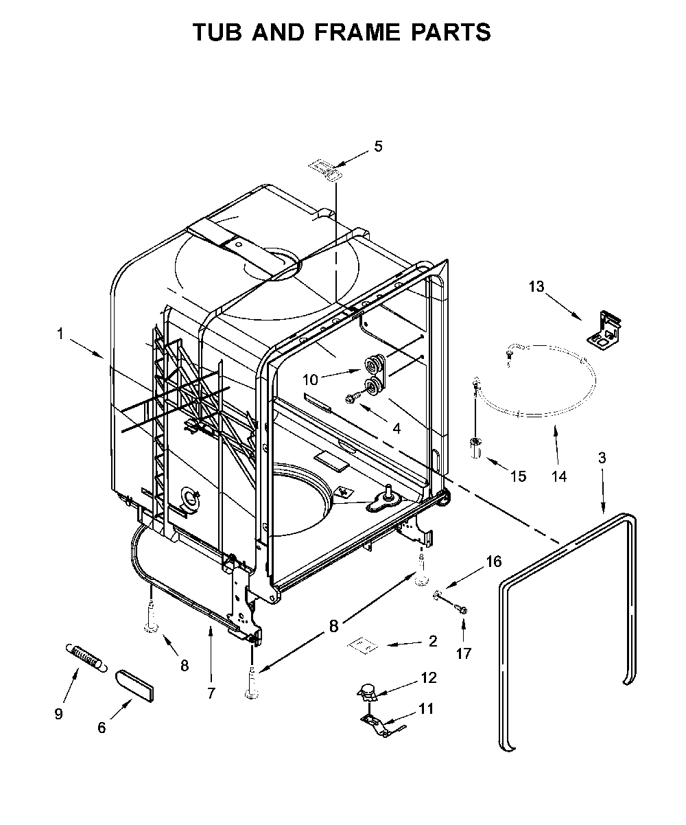 Tub and frame parts Diagram and Parts List for WDP370PAHW1  Whirlpool Dishwasher