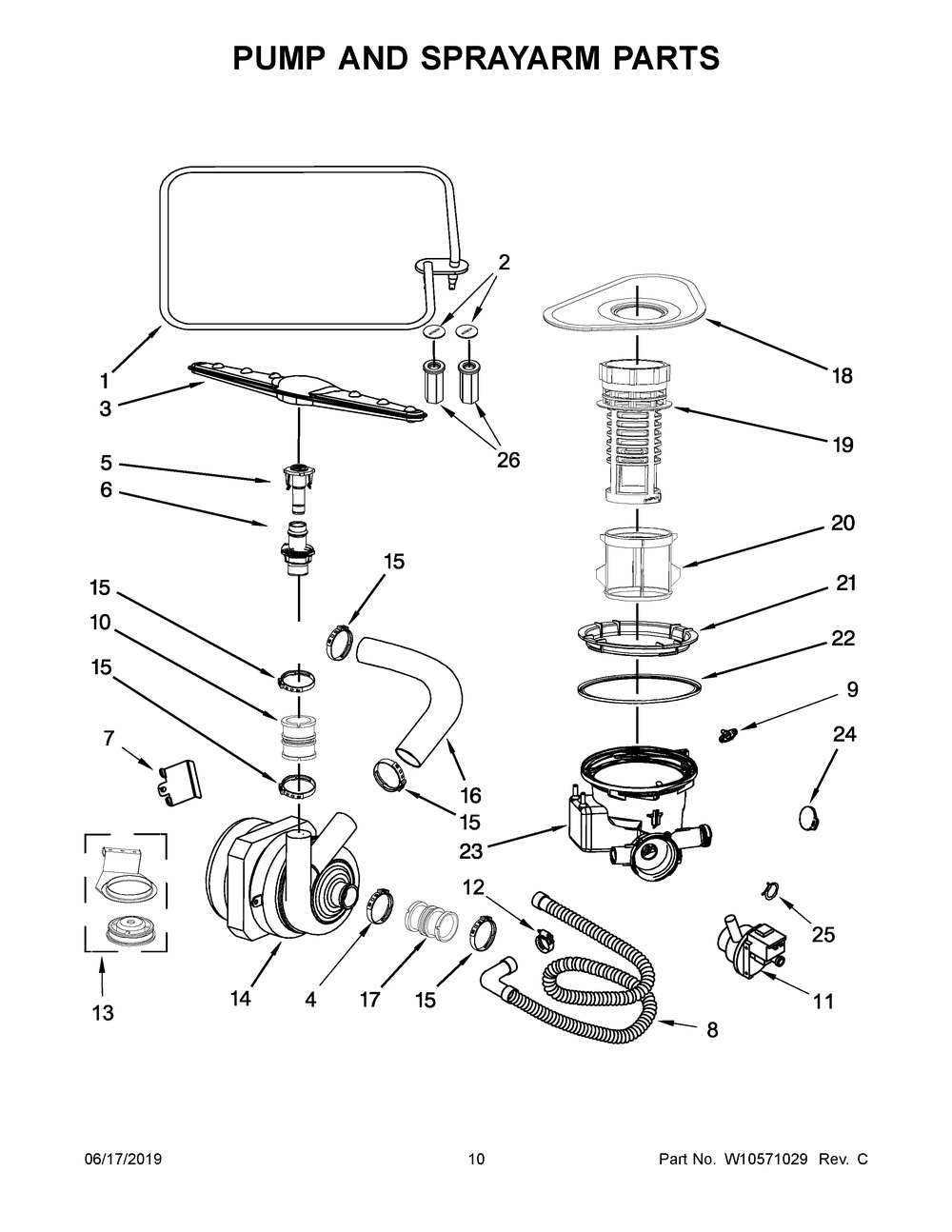 Pump And Sprayarm Parts Diagram and Parts List for WDF518SAAM0  Whirlpool Dishwasher