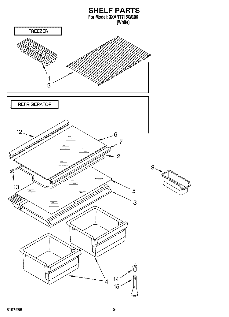 SHELF Diagram and Parts List for 3XART715GG00  Whirlpool Refrigerator